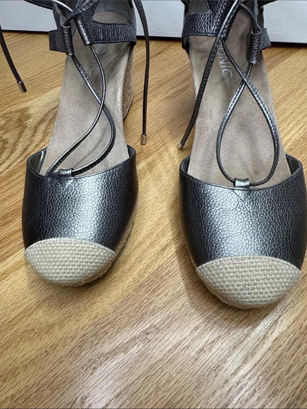 Vionic Wedge Sandals Espadrilles~Lace Up Platinum Metallic~Silver - Size 8 US